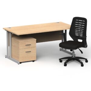 Surge 1600mm Cantilever Straight Desk With Mobile Pedestal and PassPro Black Back Operator Chair - Image 3