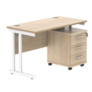 Double Upright Rectangular Desk + 3 Drawer Mobile Under Desk Pedestal