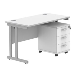 Double Upright Rectangular Desk + 3 Drawer Mobile Under Desk Pedestal