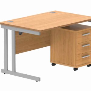 Double Upright Rectangular Desk + 3 Drawer Mobile Under Desk Pedestal