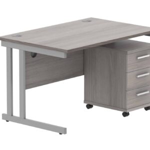 Double Upright Rectangular Desk + 3 Drawer Mobile Under Desk Pedestal