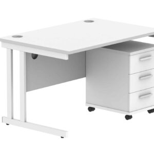 Double Upright Rectangular Desk + 3 Drawer Mobile Under Desk Pedestal
