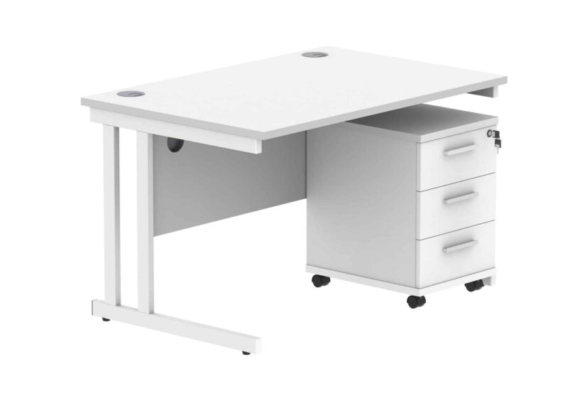 Double Upright Rectangular Desk + 3 Drawer Mobile Under Desk Pedestal