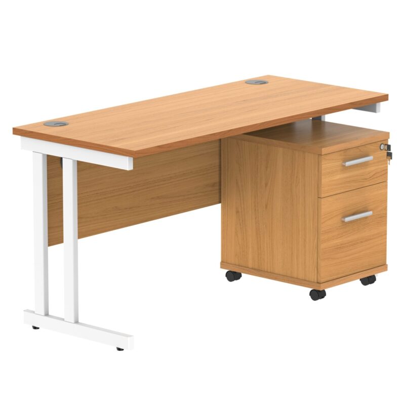Double Upright Rectangular Desk + 2 Drawer Mobile Under Desk Pedestal
