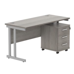 Double Upright Rectangular Desk + 3 Drawer Mobile Under Desk Pedestal
