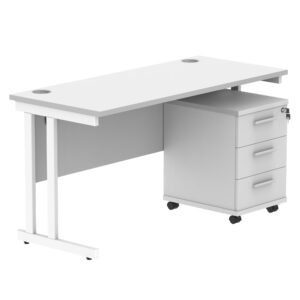 Double Upright Rectangular Desk + 3 Drawer Mobile Under Desk Pedestal