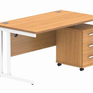 Double Upright Rectangular Desk + 3 Drawer Mobile Under Desk Pedestal