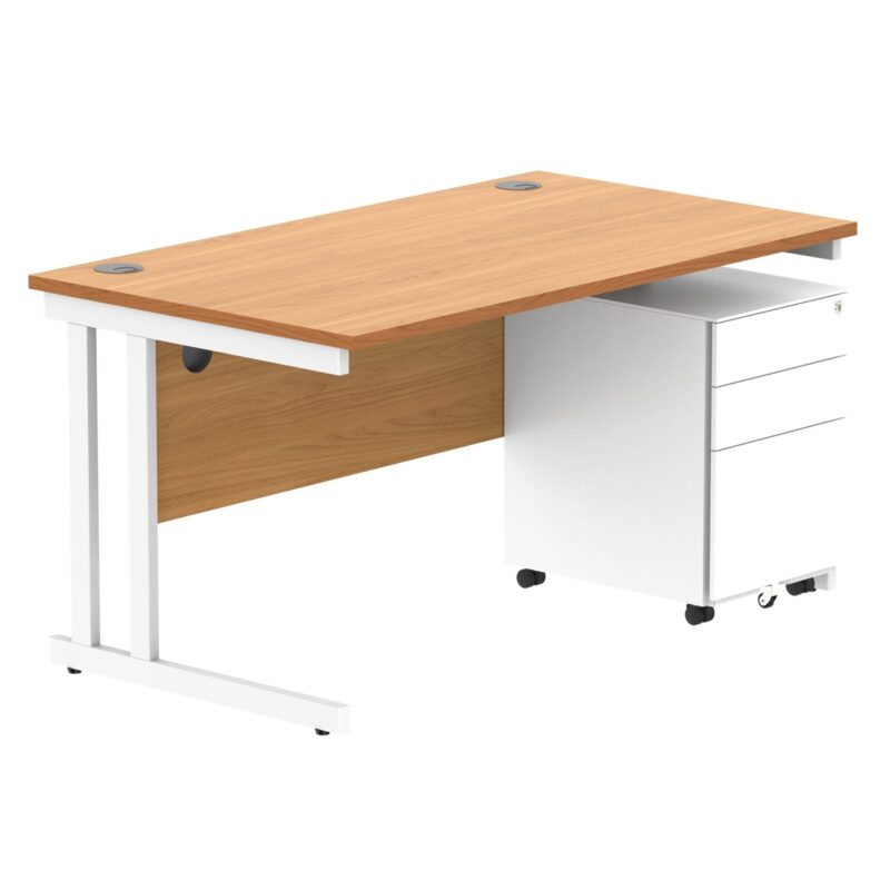 Double Upright Rectangular Desk + Under Desk Steel Pedestal 3 Drawers