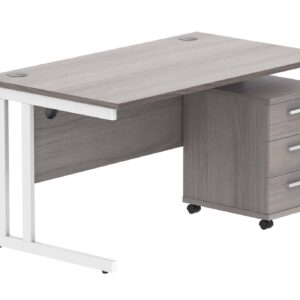 Double Upright Rectangular Desk + 3 Drawer Mobile Under Desk Pedestal