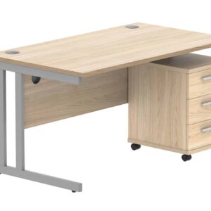Double Upright Rectangular Desk + 3 Drawer Mobile Under Desk Pedestal