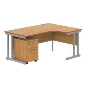 Double Upright Right Hand Radial Desk + 2 Drawer Mobile Under Desk Pedestal