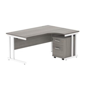 Double Upright Right Hand Radial Desk + 2 Drawer Mobile Under Desk Pedestal