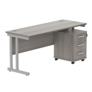 Double Upright Rectangular Desk + 3 Drawer Mobile Under Desk Pedestal