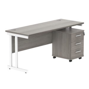Double Upright Rectangular Desk + 3 Drawer Mobile Under Desk Pedestal