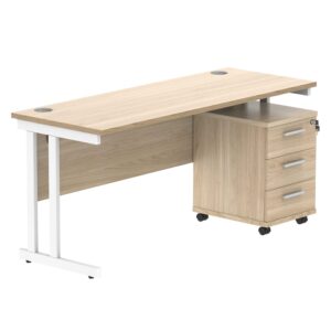 Double Upright Rectangular Desk + 3 Drawer Mobile Under Desk Pedestal