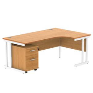 Double Upright Right Hand Radial Desk + 2 Drawer Mobile Under Desk Pedestal