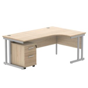 Double Upright Right Hand Radial Desk + 2 Drawer Mobile Under Desk Pedestal