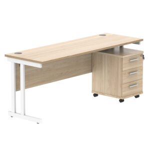 Double Upright Rectangular Desk + 3 Drawer Mobile Under Desk Pedestal