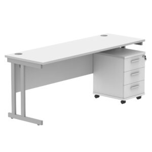 Double Upright Rectangular Desk + 3 Drawer Mobile Under Desk Pedestal