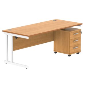 Double Upright Rectangular Desk + 3 Drawer Mobile Under Desk Pedestal