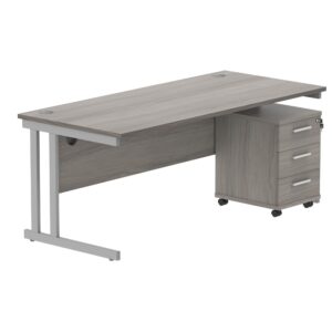 Double Upright Rectangular Desk + 3 Drawer Mobile Under Desk Pedestal