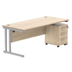 Double Upright Rectangular Desk + 3 Drawer Mobile Under Desk Pedestal