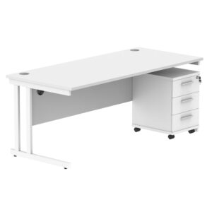 Double Upright Rectangular Desk + 3 Drawer Mobile Under Desk Pedestal
