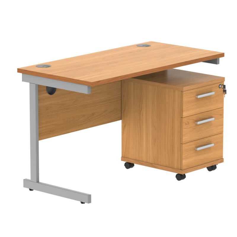 Single Upright Rectangular Desk + 3 Drawer Mobile Under Desk Pedestal