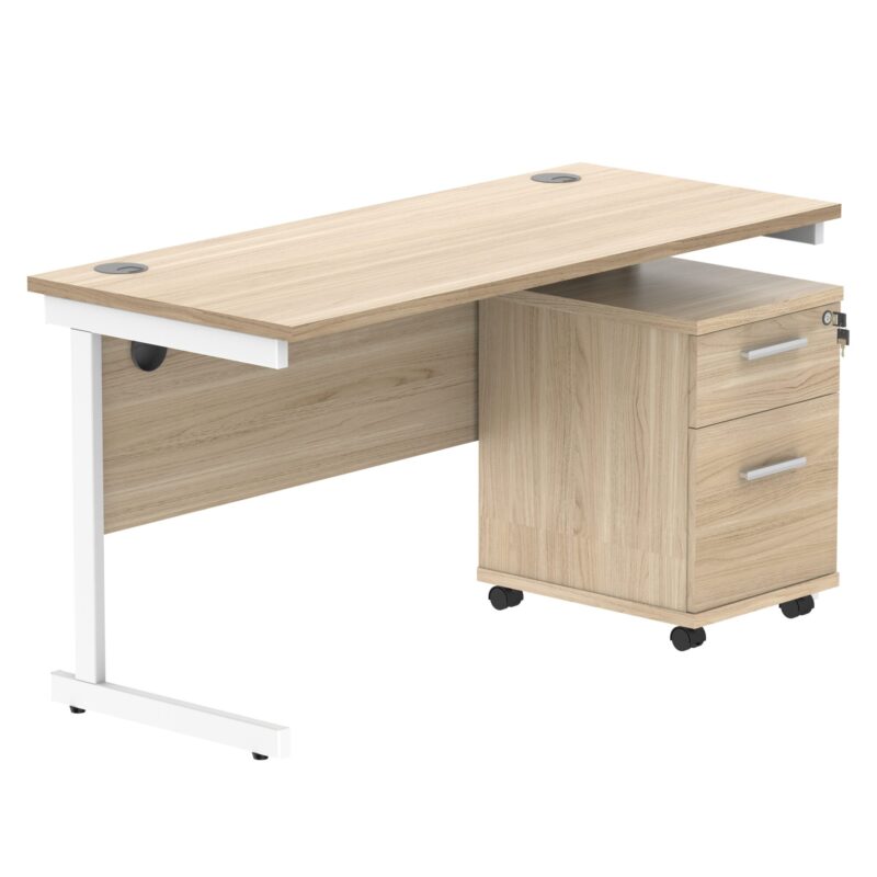 Single Upright Rectangular Desk + 2 Drawer Mobile Under Desk Pedestal