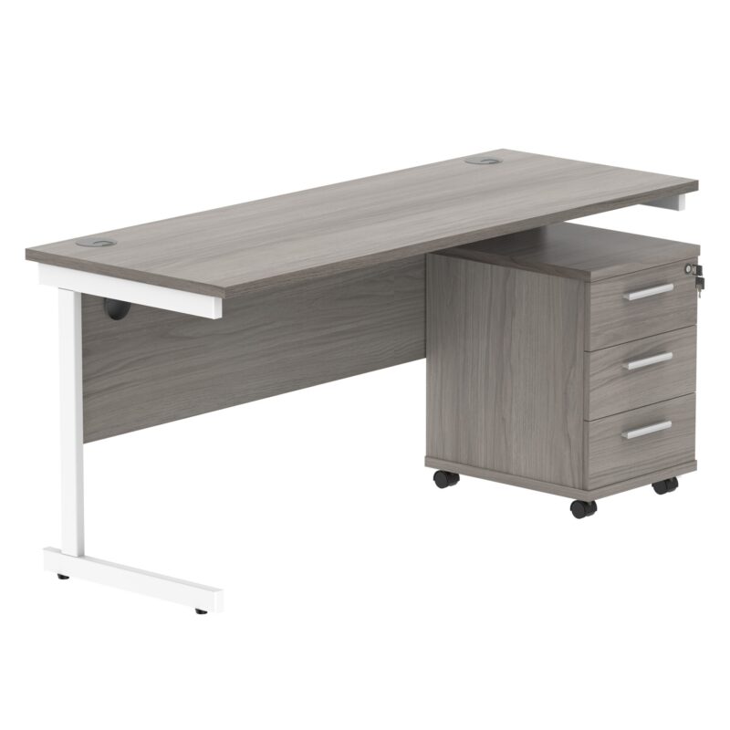 Single Upright Rectangular Desk + 3 Drawer Mobile Under Desk Pedestal