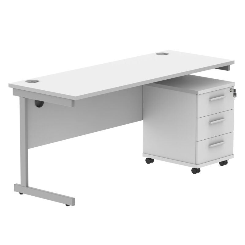 Single Upright Rectangular Desk + 3 Drawer Mobile Under Desk Pedestal