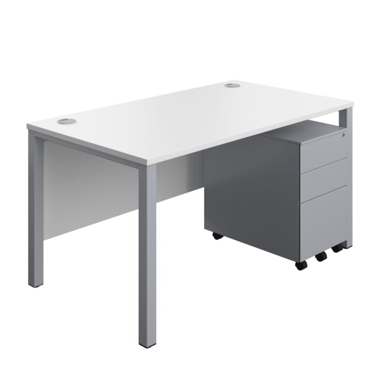 Goal Post Rectangular Desk + 3 Drawer Steel Pedestal