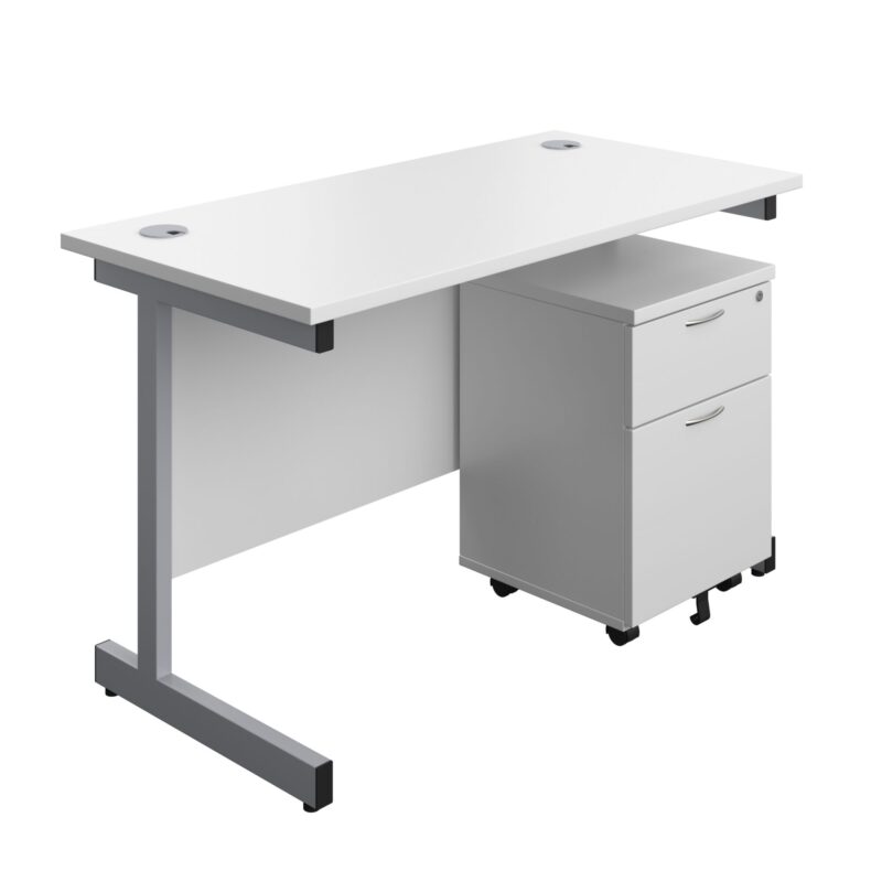 Single Upright Rectangular Desk + Mobile 2 Drawer Pedestal