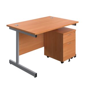 Single Upright Rectangular Desk + Mobile 2 Drawer Pedestal
