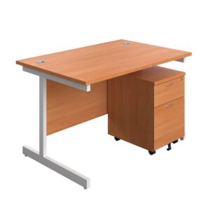 Single Upright Rectangular Desk + Mobile 2 Drawer Pedestal