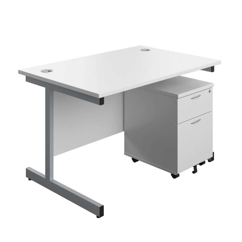 Single Upright Rectangular Desk + Mobile 2 Drawer Pedestal