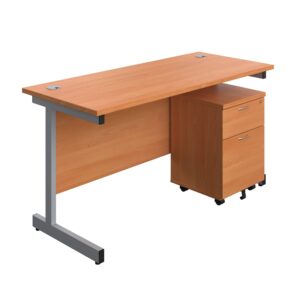 Single Upright Rectangular Desk + Mobile 2 Drawer Pedestal