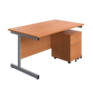 Single Upright Rectangular Desk + Mobile 2 Drawer Pedestal