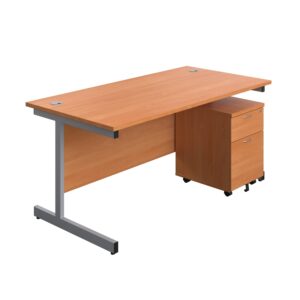 Single Upright Rectangular Desk + Mobile 2 Drawer Pedestal