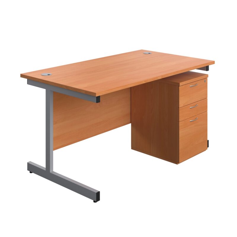 Single Upright Rectangular Desk + High Mobile Pedestal 3 Drawer