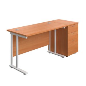 Twin Upright Rectangular Desk + Desk High 3 Drawer Pedestal