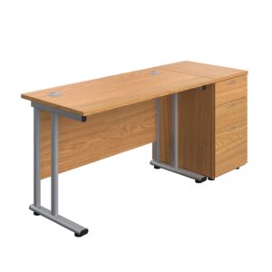 Twin Upright Rectangular Desk + Desk High 3 Drawer Pedestal