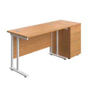Twin Upright Rectangular Desk + Desk High 3 Drawer Pedestal