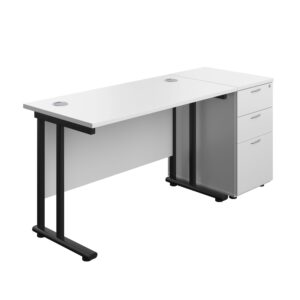 Twin Upright Rectangular Desk + Desk High 3 Drawer Pedestal