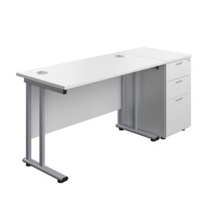 Twin Upright Rectangular Desk + Desk High 3 Drawer Pedestal