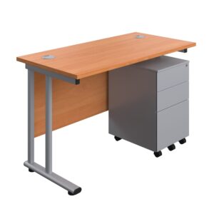 Twin Upright Rectangular Desk + Under Desk Steel Pedestal 3 Drawers