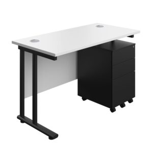 Twin Upright Rectangular Desk + Under Desk Steel Pedestal 3 Drawers