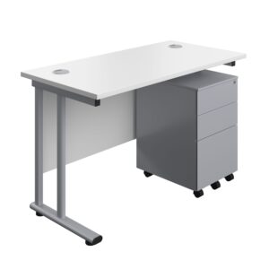 Twin Upright Rectangular Desk + Under Desk Steel Pedestal 3 Drawers