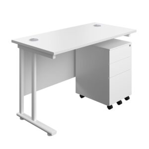 Twin Upright Rectangular Desk + Under Desk Steel Pedestal 3 Drawers