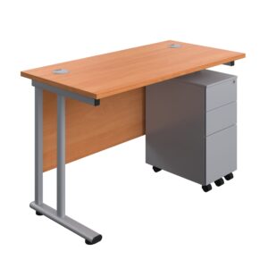 Twin Upright Rectangular Desk + Slimline Steel Pedestal 3 Drawers